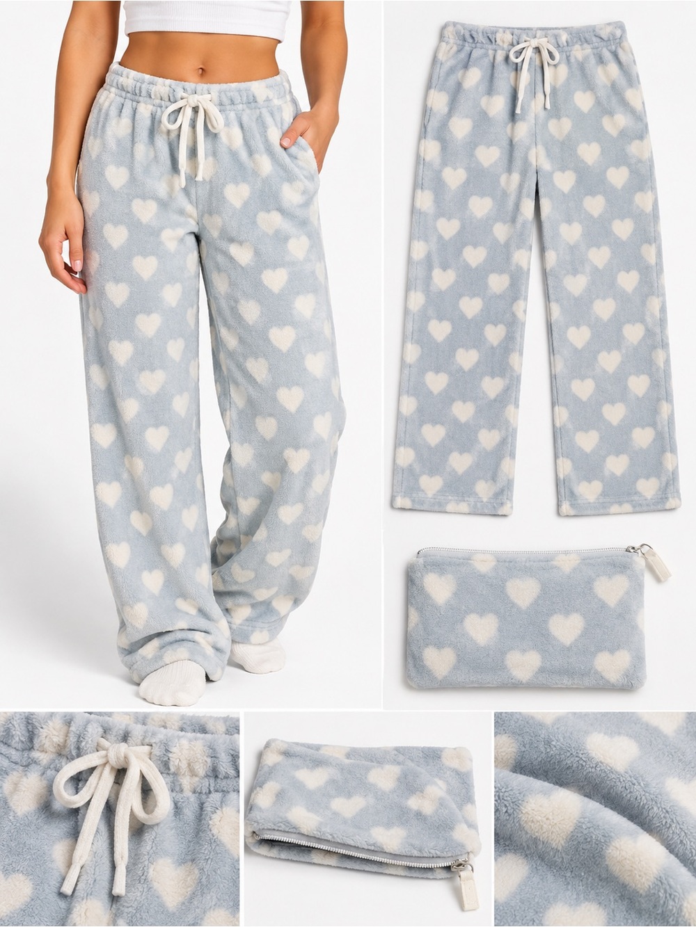 First Sight Women’s Blue Heart Fleece Pajama Pants + Matching Pouch XL
